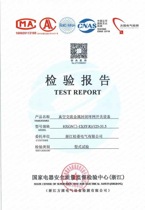 HXGN-12真空交流金屬封閉環(huán)網(wǎng)開關(guān)設(shè)備125-31.5（型式試驗(yàn)報(bào)告）