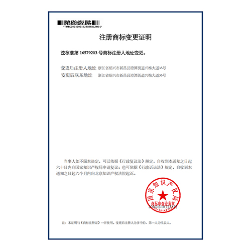 Certificate of Trademark Registration Change